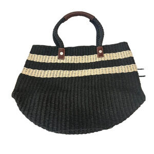 Gap Woven Large Beach Paper Bag Tote w Leather Straps Charcoal Cream